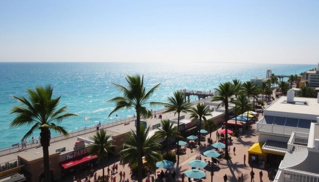 Pier Park, Panama City: a vibrant coastal oasis, bathed in warm, golden sunlight and the salty sea breeze. In the foreground, a bustling pier stretches out over the shimmering turquoise waters, lined with colorful boutiques, cafes, and lively crowds. In the middle ground, palm trees sway gently, casting playful shadows on the bustling promenade below. The background frames a panoramic vista of the sparkling Gulf of Mexico, its azure horizon meeting the cloudless sky. An atmosphere of casual leisure and coastal charm pervades the scene, inviting visitors to stroll, shop, and indulge in the delights of this Florida paradise.