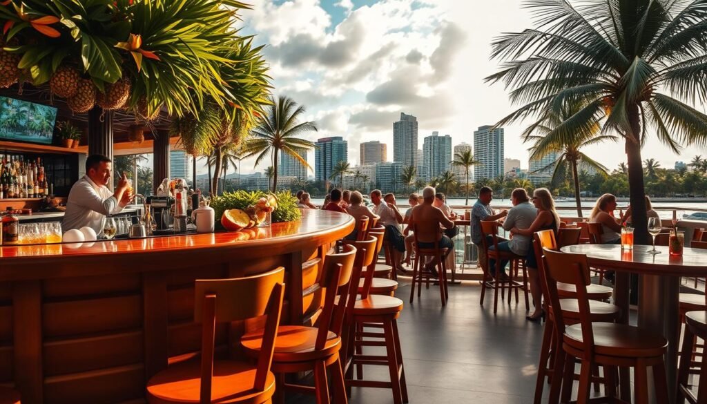 Piña colada bars in San Juan, Puerto Rico, set against the backdrop of a vibrant city skyline. In the foreground, wooden bar stools surround a polished wooden bar, adorned with lush tropical foliage and vibrant island-inspired decor. Bartenders expertly craft the iconic cocktail, their movements captured in a warm, golden light that dances across the scene. In the middle ground, patrons sip their drinks, immersed in the lively atmosphere of the iconic establishments. The background features the striking silhouettes of palm trees and high-rise buildings, framing the scene with a sense of place and setting. The overall mood is one of relaxation, indulgence, and the quintessential Caribbean experience. Piña colada bars in San Juan, Puerto Rico, set against the backdrop of a vibrant city skyline. In the foreground, wooden bar stools surround a polished wooden bar, adorned with lush tropical foliage and vibrant island-inspired decor. Bartenders expertly craft the iconic cocktail, their movements captured in a warm, golden light that dances across the scene. In the middle ground, patrons sip their drinks, immersed in the lively atmosphere of the iconic establishments. The background features the striking silhouettes of palm trees and high-rise buildings, framing the scene with a sense of place and setting. The overall mood is one of relaxation, indulgence, and the quintessential Caribbean experience.