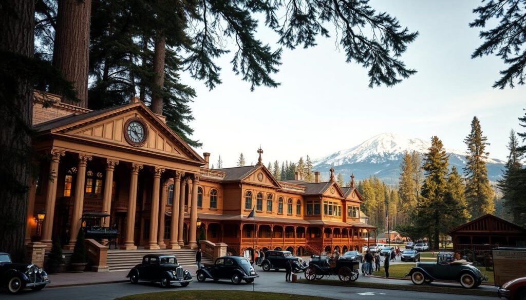 Prompt A sprawling history museum nestled among towering redwoods, its grand entrance framed by ornate columns and flanked by vintage automobiles. Through the doors, visitors are transported to the Golden State's storied past - a vast exhibition hall showcasing the glory of the Old West, complete with life-sized models of a steam locomotive, a frontier saloon, and a bustling gold rush town. Soft, warm lighting highlights weathered wooden beams and intricate Victorian-era architectural details, creating an atmosphere of timeless wonder. In the distance, a towering mountain range stands sentinel, its snow-capped peaks reaching towards the heavens. Prompt A sprawling history museum nestled among towering redwoods, its grand entrance framed by ornate columns and flanked by vintage automobiles. Through the doors, visitors are transported to the Golden State's storied past - a vast exhibition hall showcasing the glory of the Old West, complete with life-sized models of a steam locomotive, a frontier saloon, and a bustling gold rush town. Soft, warm lighting highlights weathered wooden beams and intricate Victorian-era architectural details, creating an atmosphere of timeless wonder. In the distance, a towering mountain range stands sentinel, its snow-capped peaks reaching towards the heavens.