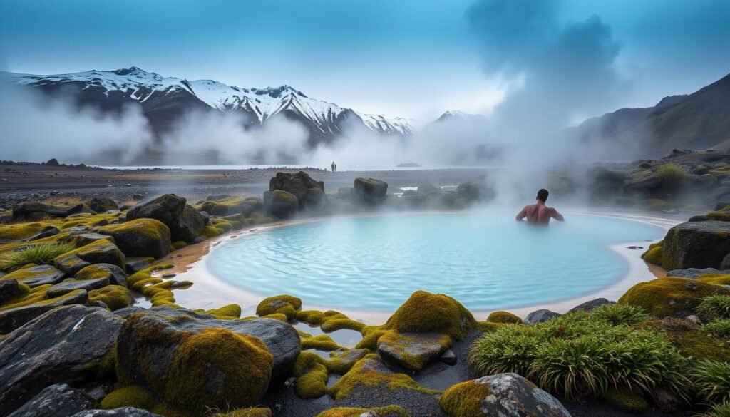 Serene geothermal pool nestled among rugged Icelandic landscapes, steam rising gently against a backdrop of snow-capped mountains. Mossy boulders and lush vegetation fringe the natural hot spring, inviting visitors to relax and soak in the mineral-rich, therapeutic waters. Soft, diffused lighting creates a tranquil, ethereal atmosphere, as bathers enjoy the luxurious spa-like experience in this wild, untamed setting. Capture the essence of Iceland's renowned hot springs and their restorative, rejuvenating powers.