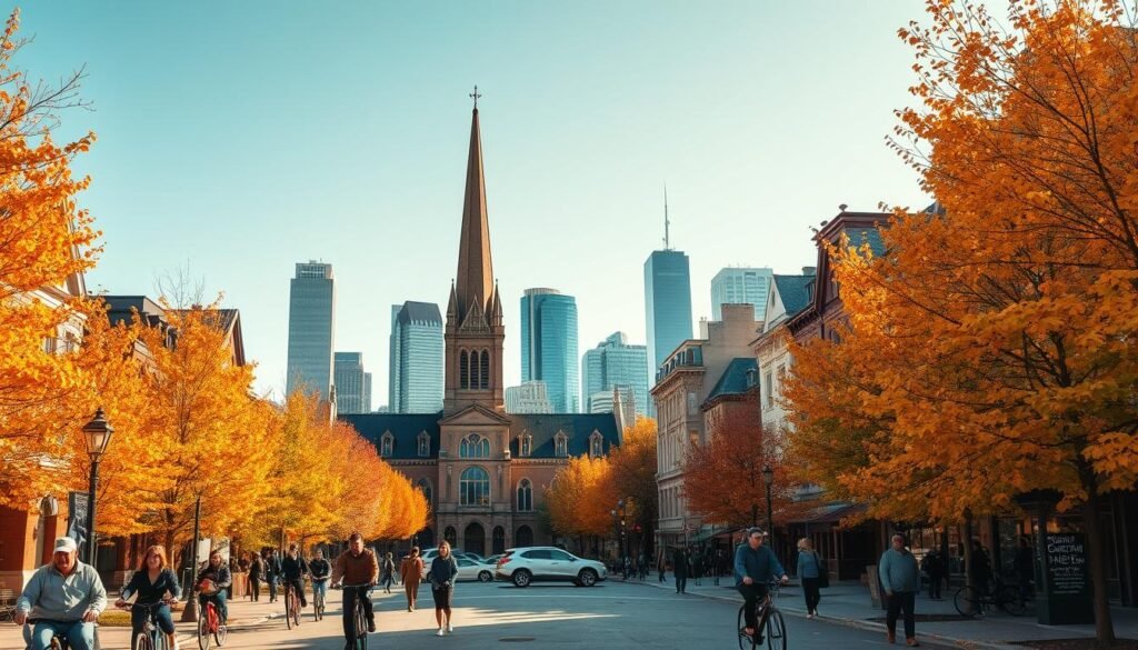 Strolling through an iconic U.S. city in autumn, the streets are lined with vibrant foliage and historic architecture. In the foreground, pedestrians and cyclists enjoy the crisp, golden-hued atmosphere, their steps accompanied by the gentle rustling of leaves. The middle ground features a picturesque town square, with a towering church steeple and quaint cafes. In the background, skyscrapers and modern buildings rise against a cloudless, azure sky, creating a harmonious blend of old and new. The scene is bathed in warm, directional lighting, capturing the enchanting charm of this urban autumnal landscape.