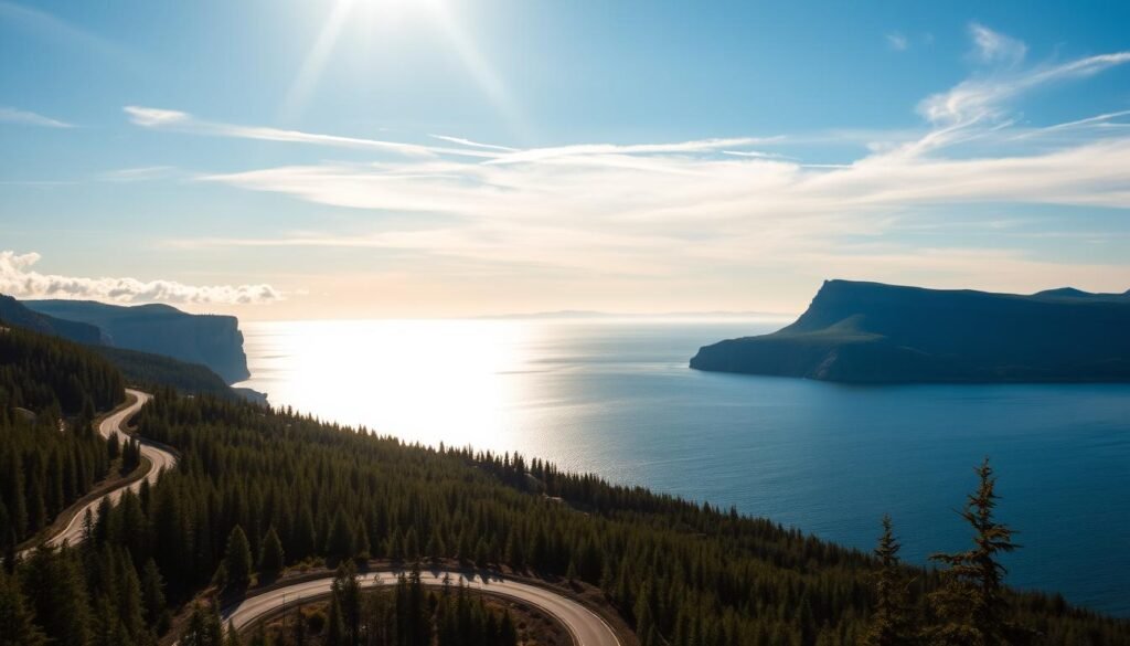 Stunning panoramic vistas of the serene North Shore of Lake Superior, with majestic cliffs and rocky headlands rising above the deep blue waters. In the foreground, a winding road curves along the coastline, flanked by verdant boreal forests. Sunlight filters through wispy clouds, casting a warm, golden glow over the scene. In the distance, the silhouettes of the Sawtooth Mountains stretch across the horizon, their jagged peaks silhouetted against the sky. The atmosphere is one of tranquility and natural beauty, inviting the viewer to explore the timeless, rugged grandeur of this iconic Minnesota landscape.