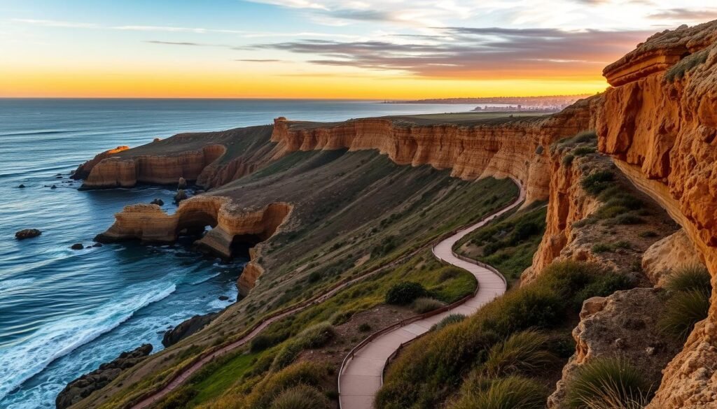 Sunset Cliffs Natural Park: a breathtaking coastal landscape along the rugged shoreline of San Diego. Capture the dramatic cliffs bathed in the warm glow of the setting sun, their weathered sandstone formations casting long shadows across the tranquil ocean below. In the foreground, a winding path leads visitors to scenic viewpoints, inviting them to pause and take in the serene beauty of the moment. The middle ground features a panoramic vista of the Pacific, its waves crashing against the rocky outcroppings. In the distance, the horizon is painted in vibrant hues of orange, pink, and purple, creating a mesmerizing natural spectacle. Shoot this scene with a wide-angle lens to fully encompass the grandeur of the Sunset Cliffs, and use natural lighting to capture the golden hour glow that gives this location its iconic name. Sunset Cliffs Natural Park: a breathtaking coastal landscape along the rugged shoreline of San Diego. Capture the dramatic cliffs bathed in the warm glow of the setting sun, their weathered sandstone formations casting long shadows across the tranquil ocean below. In the foreground, a winding path leads visitors to scenic viewpoints, inviting them to pause and take in the serene beauty of the moment. The middle ground features a panoramic vista of the Pacific, its waves crashing against the rocky outcroppings. In the distance, the horizon is painted in vibrant hues of orange, pink, and purple, creating a mesmerizing natural spectacle. Shoot this scene with a wide-angle lens to fully encompass the grandeur of the Sunset Cliffs, and use natural lighting to capture the golden hour glow that gives this location its iconic name.