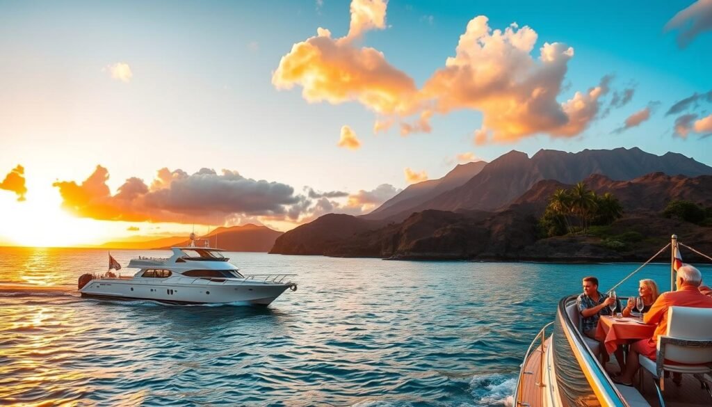 Sunset dinner cruise on the Kona coast, big island of Hawaii. A luxurious yacht glides across the shimmering turquoise waters, its passengers enjoying a gourmet meal as the sky ignites with hues of gold, orange, and crimson. In the foreground, the yacht's elegant silhouette is reflected in the calm seas. The middle ground features the rugged, volcanic landscape of the Kona coastline, dotted with lush palm trees. In the distant background, the majestic outline of Hualalai mountain rises majestically, its peaks bathed in the warm, fading light. The overall atmosphere is one of tranquility, romance, and the beauty of nature's grand spectacle.