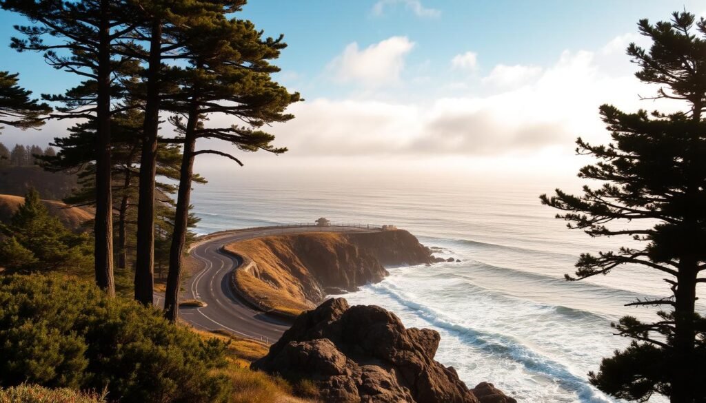 Sweeping ocean views along the iconic 17-mile drive in Monterey, California. A winding coastal road hugging the rugged shoreline, with towering cypress trees framing the scene. In the foreground, a rocky outcrop overlooking crashing waves and a distant horizon. Warm golden light filters through wispy clouds, casting a tranquil, cinematic glow over the entire landscape. Capture the serene beauty and grandeur of this quintessential California scenic drive, where the Pacific meets the land in a symphony of natural splendor.