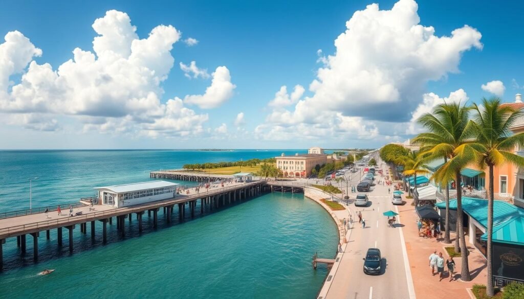 Sweeping vista of the lively Naples, Florida waterfront, captured with a wide-angle lens to showcase the bustling energy of downtown. In the foreground, the iconic Naples Pier stretches into the sparkling turquoise waters of the Gulf of Mexico, surrounded by a lively promenade filled with people strolling, dining, and enjoying the seaside atmosphere. The middle ground features the charming, pastel-colored buildings and palm tree-lined streets of 5th Avenue, the heart of Naples' historic district. The background is dominated by a clear blue sky with fluffy white clouds, creating a warm, inviting ambiance perfect for this coastal Florida setting.