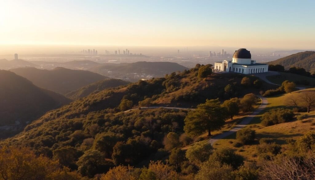 Sweeping vistas of Griffith Park unfold, showcasing the iconic Hollywood Hills and the glittering Los Angeles skyline in the distance. In the foreground, lush greenery and winding hiking trails invite exploration, while the famous Griffith Observatory sits atop the hillside, a beacon of scientific discovery. Warm afternoon sunlight filters through the trees, casting a golden glow over the scene. The atmosphere is one of tranquility and wonder, inviting the viewer to immerse themselves in the natural beauty and historical significance of this beloved LA landmark.