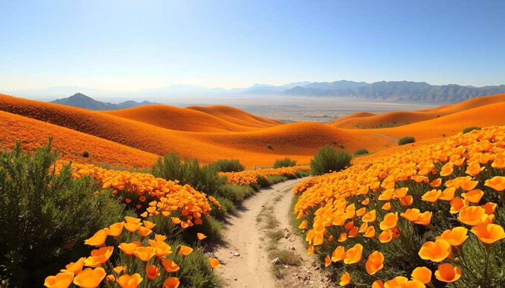 Sweeping vistas of the Antelope Valley California Poppy Reserve, bathed in warm golden sunlight. Undulating hills carpeted with vibrant orange California poppy blooms, their petals swaying gently in the soft breeze. In the middle ground, a winding dirt path leads visitors through the natural wonder, framed by vibrant green foliage. Distant mountains provide a majestic backdrop, their silhouettes hazy under the clear spring sky. Crisp, high-resolution photography with a wide-angle lens captures the grandeur of this unique springtime super bloom, inviting the viewer to immerse themselves in the tranquil, serene landscape.