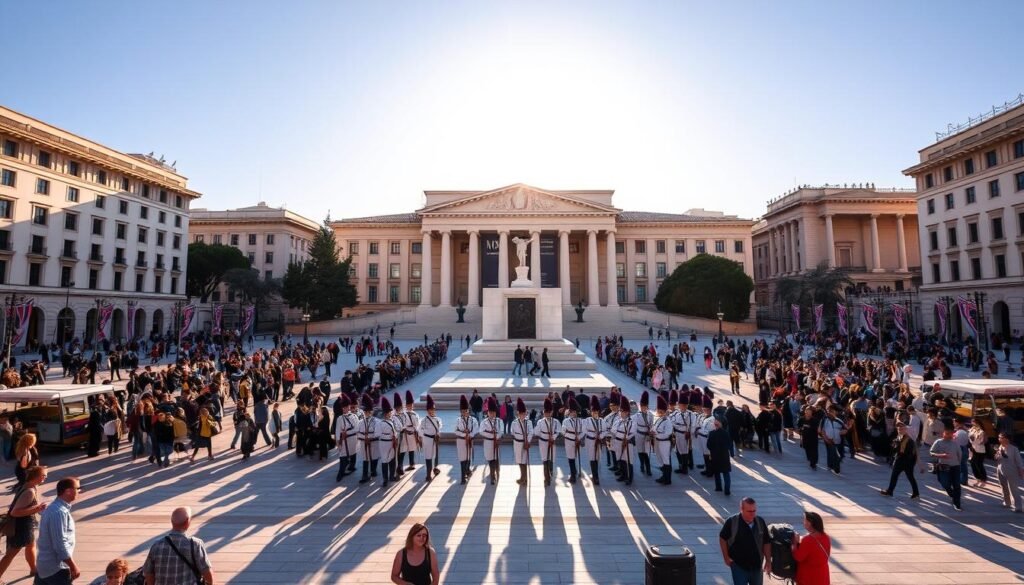 Syntagma Square, the heart of Athens, bathed in warm afternoon light. The iconic Greek Parliament building stands tall, its neoclassical facade casting long shadows across the bustling plaza. In the center, the Tomb of the Unknown Soldier is guarded by the disciplined Evzones, their crisp white uniforms and ceremonial movements captivating onlookers. Crowds gather to witness the solemn Changing of the Guard, a time-honored tradition that pays tribute to Greece's history. The square is alive with activity, from vendors selling souvenirs to locals strolling leisurely. Captured from a low angle, the scene conveys a sense of grandeur and national pride, inviting the viewer to imagine themselves amidst the vibrant atmosphere of Syntagma Square.