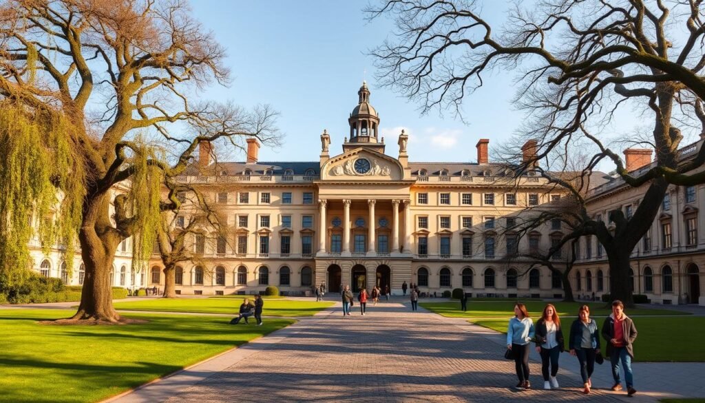 Trinity College, Dublin, on a sunny spring afternoon. The iconic facade of the historic university's main building stands tall, its stately Georgian architecture and ornate details bathed in warm, golden light. In the foreground, students and visitors stroll along the cobbled pathways, their laughter and chatter echoing through the serene courtyard. Lush, verdant lawns and ancient, towering trees frame the scene, creating a picturesque and tranquil atmosphere. A sense of timeless elegance and intellectual curiosity pervades the air, inviting the viewer to explore the rich history and vibrant culture that define this renowned institution at the heart of Ireland's capital city.