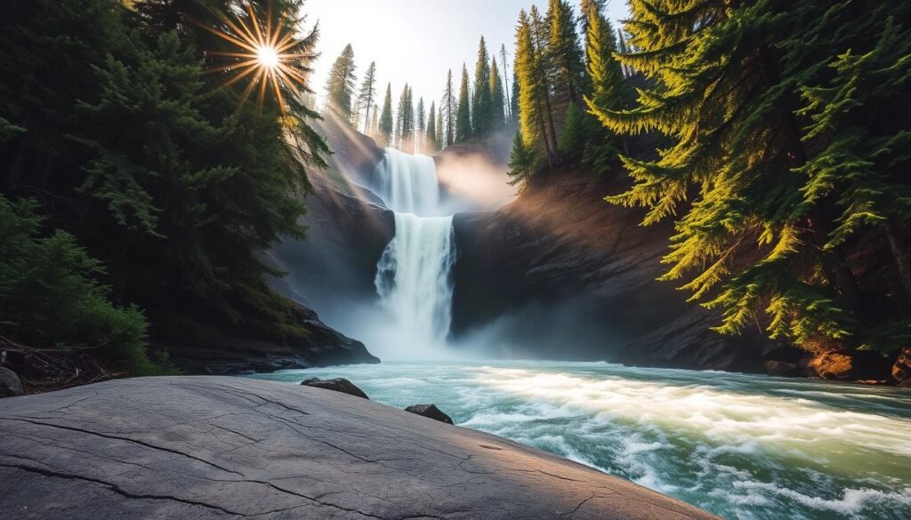 Tumalo Falls, a majestic cascade nestled in the heart of Bend, Oregon. A wide-angle lens captures the grandeur of the 97-foot waterfall, its powerful flow tumbling over rugged basalt cliffs. Lush evergreen trees frame the scene, their verdant foliage contrasting with the cool, mist-shrouded air. Warm, golden sunlight filters through the canopy, casting a soft glow on the swirling waters below. In the foreground, a smooth, rocky outcrop provides a natural viewing platform, inviting visitors to pause and bask in the serene beauty of this natural wonder mere minutes from the bustling town.