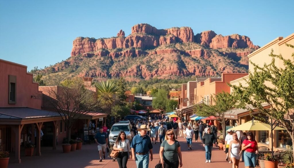 Uptown Tlaquepaque, a charming arts and shopping district nestled in the heart of Sedona, Arizona. Capture the vibrant scene with a wide-angle lens, showcasing the quaint adobe-style buildings, lush greenery, and bustling pedestrian plaza. Warm afternoon sunlight casts a golden glow, highlighting the intricate architectural details and the array of boutiques, galleries, and outdoor cafes. In the foreground, people leisurely stroll, admiring the handcrafted wares and local artworks on display. The mid-ground features a mix of local artisans and shoppers, creating a lively and inviting atmosphere. In the background, the iconic red rocks of Sedona rise majestically, framing the entire scene with a sense of natural wonder and tranquility. Uptown Tlaquepaque, a charming arts and shopping district nestled in the heart of Sedona, Arizona. Capture the vibrant scene with a wide-angle lens, showcasing the quaint adobe-style buildings, lush greenery, and bustling pedestrian plaza. Warm afternoon sunlight casts a golden glow, highlighting the intricate architectural details and the array of boutiques, galleries, and outdoor cafes. In the foreground, people leisurely stroll, admiring the handcrafted wares and local artworks on display. The mid-ground features a mix of local artisans and shoppers, creating a lively and inviting atmosphere. In the background, the iconic red rocks of Sedona rise majestically, framing the entire scene with a sense of natural wonder and tranquility.