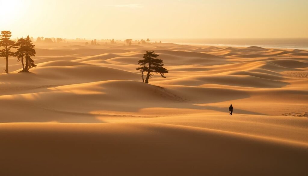 Vast sand dunes stretch across the horizon, their undulating contours sculpted by the relentless wind. Towering pine trees dot the landscape, casting long shadows over the golden sands. The warm hues of a setting sun bathe the scene in a soft, golden glow, creating a tranquil and serene atmosphere. In the distance, a lone beachgoer walks along the shore, their silhouette a testament to the scale and grandeur of the Oregon Dunes. The image captures the essence of this natural wonder, inviting the viewer to explore the rugged beauty of the Southern Oregon coast.