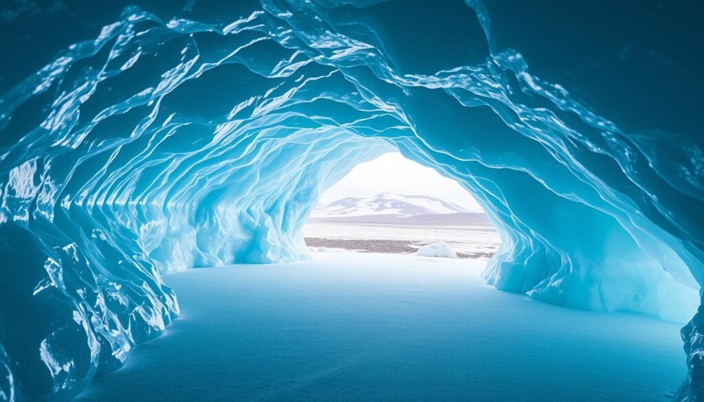 Vatnajokull ice cave, a captivating natural wonder within the vast Vatnajokull National Park. A cavernous tunnel carved into the crystalline blue ice, illuminated by a soft, diffused light filtering through the translucent walls. The foreground reveals the intricate patterns and textures of the ice, inviting the viewer to step inside this frozen sanctuary. The middle ground showcases the grand scale of the cave, with towering arches and a smooth, reflective floor. In the background, glimpses of the glacier's exterior landscape emerge, hinting at the expansive glacial terrain beyond. The scene evokes a sense of awe and enchantment, capturing the essence of Iceland's glacier adventures and ice cave tours.