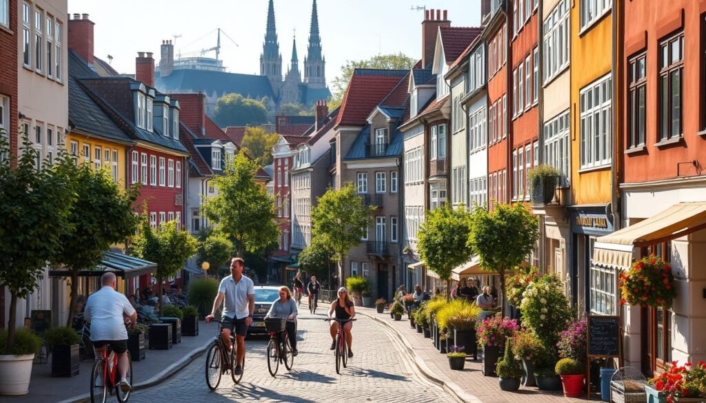 Vibrant Copenhagen neighborhoods, bustling with character and charm. Quaint townhouses, cobblestone streets, and lush greenery create a cozy, intimate atmosphere. Bicyclists weave between historic buildings, as warm sunlight filters through. In the distance, church spires and colorful facades provide a sense of timeless beauty. The scene evokes a sense of wanderlust, inviting the viewer to stroll and discover the hidden gems of the city. A lens with a moderate wide-angle captures the essence of these walkable, human-scaled spaces, showcasing the neighborhood's personality and inviting exploration.