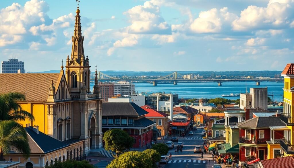 Vibrant and lively cityscape of New Orleans, capturing its iconic landmarks and soulful atmosphere. In the foreground, the legendary St. Louis Cathedral stands tall, its intricate architecture bathed in warm, golden light. In the middle ground, colorful buildings line the bustling streets, with people strolling by and jazz music drifting through the air. In the background, the mighty Mississippi River flows, its waters reflecting the city's dynamic energy. The scene is infused with a sense of history, culture, and the unique joie de vivre that defines the Big Easy.