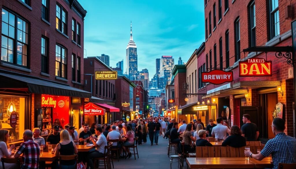 Vibrant bars and breweries line the bustling streets of Williamsburg, Brooklyn. A warm, inviting glow emanates from the windows, drawing in the evening crowd. In the foreground, groups of friends gather around cozy, wooden tables, sipping craft beers and chatting animatedly. The middle ground features the breweries themselves, their brick facades and neon signs reflecting the energy of the neighborhood. In the background, the iconic Manhattan skyline shimmers, hinting at the dynamic relationship between the two boroughs. The scene is bathed in a soft, golden light, creating a convivial, easygoing atmosphere perfect for an evening of casual exploration and enjoyment.