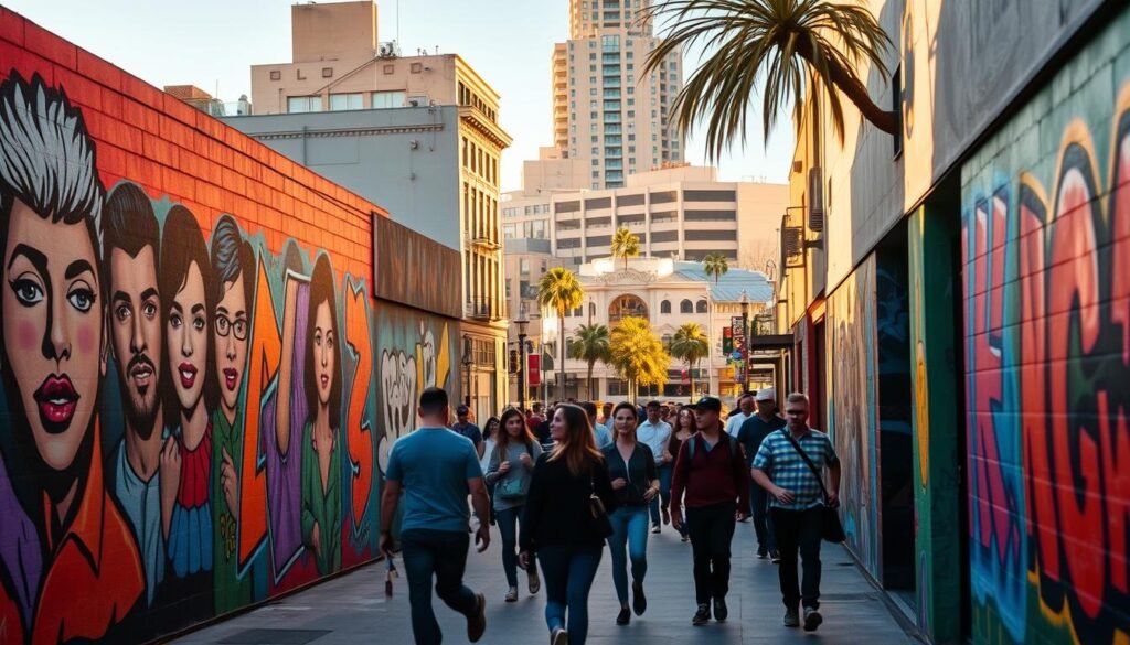 Vibrant street art adorns the walls of a bustling Los Angeles neighborhood, capturing the city's creative energy. In the foreground, bold murals depict iconic pop culture figures and abstract designs, their colors and textures lending a dynamic, energetic atmosphere. In the middle ground, passersby weave through the lively scene, their silhouettes adding a sense of human interaction and movement. The background features a blend of historic buildings and modern architectural elements, framing the artwork and suggesting the diverse influences that shape this artistic enclave. Warm, golden lighting casts a warm, inviting glow, accentuating the vibrant hues and lending a sense of depth and texture to the overall composition. Vibrant street art adorns the walls of a bustling Los Angeles neighborhood, capturing the city's creative energy. In the foreground, bold murals depict iconic pop culture figures and abstract designs, their colors and textures lending a dynamic, energetic atmosphere. In the middle ground, passersby weave through the lively scene, their silhouettes adding a sense of human interaction and movement. The background features a blend of historic buildings and modern architectural elements, framing the artwork and suggesting the diverse influences that shape this artistic enclave. Warm, golden lighting casts a warm, inviting glow, accentuating the vibrant hues and lending a sense of depth and texture to the overall composition.