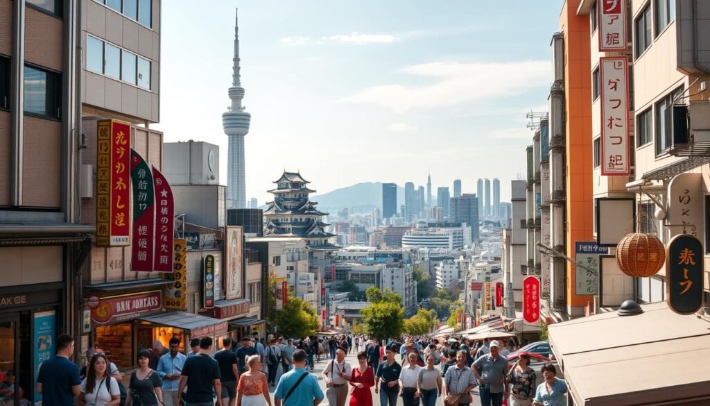 Vibrant streetscape of Osaka's bustling city center, showcasing a lively mix of modern architecture, traditional Japanese elements, and bustling crowds. In the foreground, pedestrians navigate through a network of narrow alleys lined with colorful shops, eateries, and local vendors, capturing the energy and dynamism of the city. The middle ground features iconic landmarks like the Umeda Sky Building and Osaka Castle, their imposing silhouettes set against a clear, sun-dappled sky. In the background, a panoramic view of the city's skyline, dotted with towering skyscrapers and highlighted by the warm, golden tones of the afternoon light, creating a sense of depth and scale. The overall composition conveys the diverse range of experiences and attractions that make Osaka a must-visit destination.