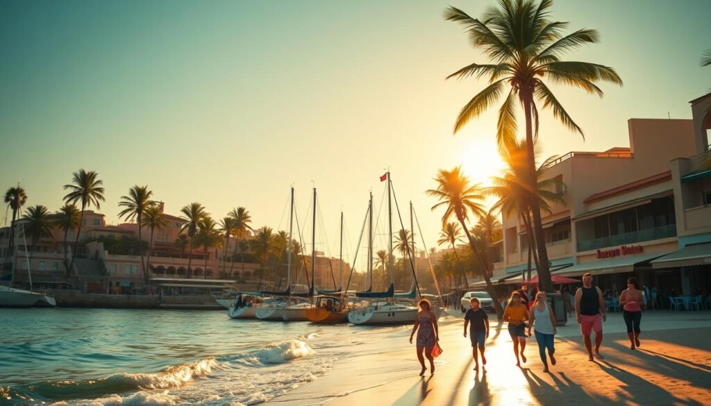 Warm, sun-dappled beach town with palm trees swaying in a gentle breeze. Picturesque waterfront promenade lined with colorful, stucco-walled cafes and boutiques. Sailboats bobbing in a turquoise harbor, their masts catching the golden light of the setting sun. In the foreground, families strolling along the sand, toes in the lapping waves. A hazy, dream-like atmosphere with a soft, nostalgic feel, as if stepping into a vintage vacation snapshot. Capture the allure of an idyllic, Christmas-in-the-tropics escape.