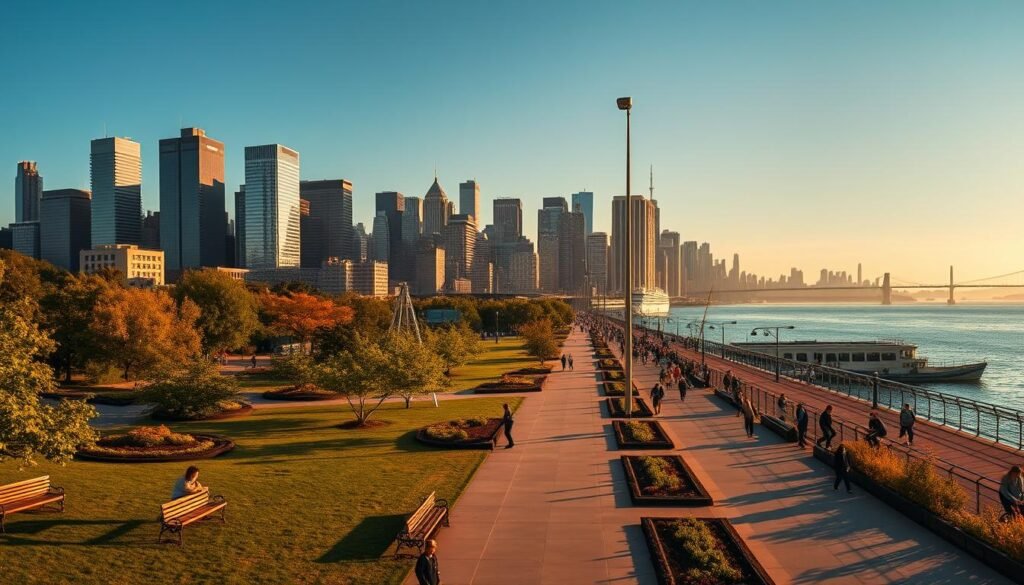 Waterfront parks and green spaces with serious views: A panoramic scene of the iconic Brooklyn waterfront, with the Manhattan skyline in the distance. In the foreground, lush green spaces dotted with benches and walkways, inviting visitors to relax and soak in the stunning vistas. The middle ground features a bustling promenade lined with people strolling, cycling, and taking in the breathtaking sights. Warm, golden light filters through, casting a serene glow over the entire scene. In the background, the towering skyscrapers of the financial district stand tall, reflecting the sunlight and creating a striking contrast with the natural setting. An atmospheric, cinematic composition that captures the essence of Brooklyn's vibrant waterfront.