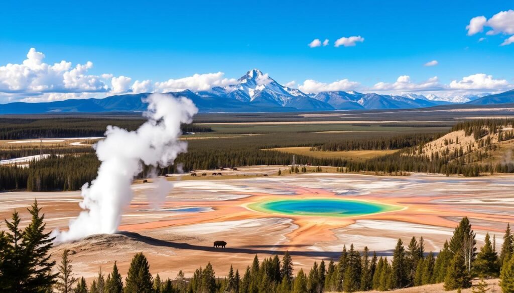 Yellowstone National Park: a vast, awe-inspiring landscape of steaming geysers, cascading waterfalls, and rugged canyons. In the foreground, the iconic Old Faithful geyser erupts, its plume of water and steam reaching towards the cerulean sky. The middle ground reveals the vibrant, multi-hued Grand Prismatic Spring, its colors reflecting the surrounding pine forests and distant mountain peaks. In the background, a herd of bison grazes against the dramatic backdrop of the Teton Range, its jagged summits piercing the clouds. The scene is bathed in warm, golden light, conveying a sense of timeless grandeur and natural wonder. Captured with a wide-angle lens to accentuate the park's scale and majesty, this image encapsulates the breathtaking beauty and geological marvels of Yellowstone National Park. Yellowstone National Park: a vast, awe-inspiring landscape of steaming geysers, cascading waterfalls, and rugged canyons. In the foreground, the iconic Old Faithful geyser erupts, its plume of water and steam reaching towards the cerulean sky. The middle ground reveals the vibrant, multi-hued Grand Prismatic Spring, its colors reflecting the surrounding pine forests and distant mountain peaks. In the background, a herd of bison grazes against the dramatic backdrop of the Teton Range, its jagged summits piercing the clouds. The scene is bathed in warm, golden light, conveying a sense of timeless grandeur and natural wonder. Captured with a wide-angle lens to accentuate the park's scale and majesty, this image encapsulates the breathtaking beauty and geological marvels of Yellowstone National Park.
