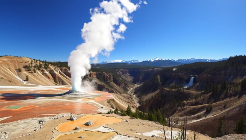 Yellowstone National Park, a vast wilderness of geotheramental wonders. In the foreground, a majestic geyser erupts, its plume of steam reaching high into the clear, azure sky. Surrounding the geyser, colorful hot springs and bubbling mud pools dot the landscape, reflecting the sun's warm glow. In the middle ground, the iconic Grand Canyon of the Yellowstone carves its way through the rugged terrain, its vibrant ochre and rust-colored walls rising up on either side. In the distance, snow-capped peaks of the Rocky Mountains frame the scene, casting long shadows across the land. The overall mood is one of awe and wonder, capturing the essence of this natural marvel at the heart of the American West.