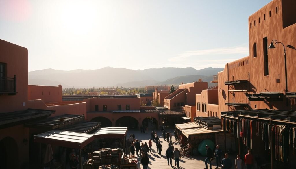 a cityscape of Santa Fe, New Mexico with the historic plaza in the foreground, surrounded by adobe architecture and Native American-influenced design elements. In the middle ground, indigenous vendors sell handcrafted goods and traditional textiles. The background is filled with the iconic Sangre de Cristo mountains, bathed in warm afternoon light. The scene conveys a sense of timeless cultural heritage, with elements of both Spanish colonial and Native American history coexisting harmoniously. Dramatic lens flare from the sun creates a soft, romantic atmosphere. Cinematic 35mm style. a cityscape of Santa Fe, New Mexico with the historic plaza in the foreground, surrounded by adobe architecture and Native American-influenced design elements. In the middle ground, indigenous vendors sell handcrafted goods and traditional textiles. The background is filled with the iconic Sangre de Cristo mountains, bathed in warm afternoon light. The scene conveys a sense of timeless cultural heritage, with elements of both Spanish colonial and Native American history coexisting harmoniously. Dramatic lens flare from the sun creates a soft, romantic atmosphere. Cinematic 35mm style.