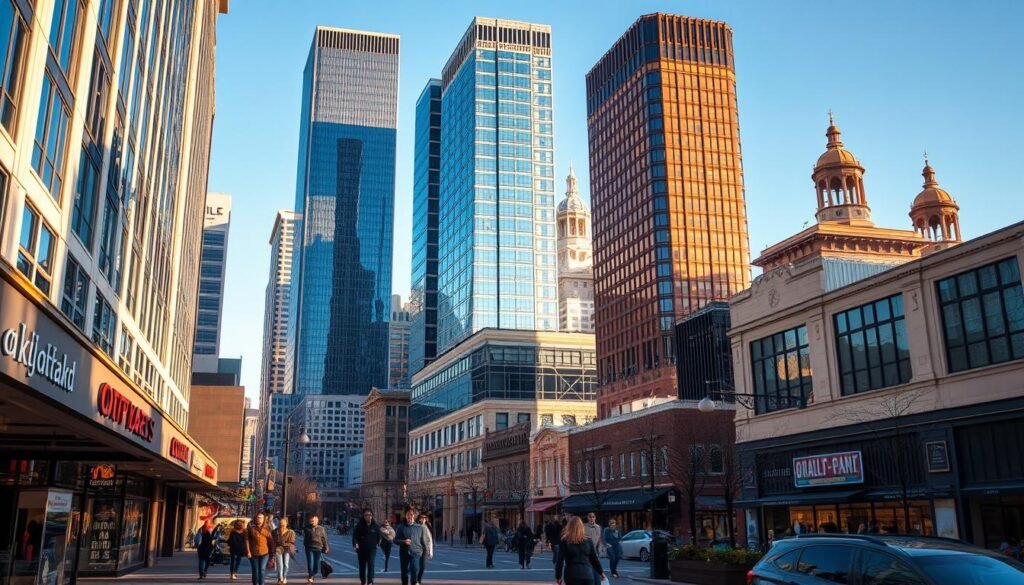 a cityscape of downtown oklahoma city, with a mix of modern high-rise buildings, historic landmarks, and bustling street life. in the foreground, pedestrians stroll along a vibrant commercial district lined with charming boutiques, cafes, and local shops. in the middle ground, the sleek glass facades of skyscrapers rise up, reflecting the bright blue sky above. in the background, the distinctive architecture of the oklahoma state capitol building and other historic structures create a visually interesting skyline. the scene is bathed in warm, golden hour lighting, casting long shadows and creating a cozy, inviting atmosphere. the overall composition captures the energy, diversity, and unique character of downtown oklahoma city.