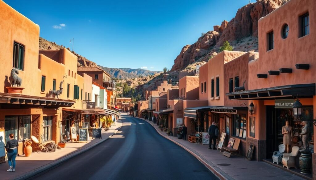 a sprawling art gallery canyon nestled in the heart of Santa Fe, New Mexico, with adobe-style buildings lining both sides of a winding road, bathed in warm southwestern sunlight, with intricate sculptures, paintings, and handicrafts displayed in the storefront windows, inviting passersby to explore the vibrant art scene, a sense of creative energy and cultural heritage permeating the atmosphere, captured through a wide-angle lens that showcases the depth and grandeur of this iconic artistic destination. a sprawling art gallery canyon nestled in the heart of Santa Fe, New Mexico, with adobe-style buildings lining both sides of a winding road, bathed in warm southwestern sunlight, with intricate sculptures, paintings, and handicrafts displayed in the storefront windows, inviting passersby to explore the vibrant art scene, a sense of creative energy and cultural heritage permeating the atmosphere, captured through a wide-angle lens that showcases the depth and grandeur of this iconic artistic destination.