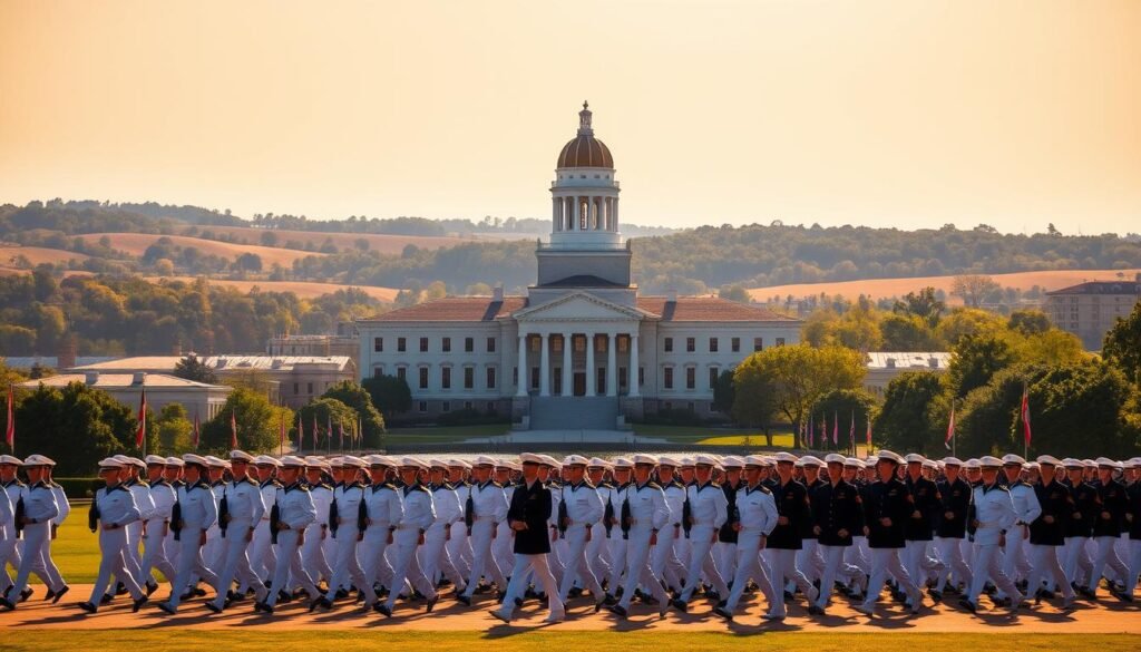 a sprawling, majestic campus nestled along the Severn River, the United States Naval Academy stands tall, a bastion of maritime tradition and military excellence. In the foreground, midshipmen in crisp uniforms march with precision, their every step a testament to the discipline and dedication that define the academy. The iconic Bancroft Hall, a towering neoclassical structure, dominates the middle ground, its grand facade and iconic dome radiating a sense of storied history. In the background, the rolling hills and lush greenery of the Annapolis landscape provide a picturesque backdrop, evoking a sense of timeless elegance. The scene is illuminated by warm, golden sunlight, casting a halo-like glow over the entire campus and instilling a palpable aura of pride and patriotism. a sprawling, majestic campus nestled along the Severn River, the United States Naval Academy stands tall, a bastion of maritime tradition and military excellence. In the foreground, midshipmen in crisp uniforms march with precision, their every step a testament to the discipline and dedication that define the academy. The iconic Bancroft Hall, a towering neoclassical structure, dominates the middle ground, its grand facade and iconic dome radiating a sense of storied history. In the background, the rolling hills and lush greenery of the Annapolis landscape provide a picturesque backdrop, evoking a sense of timeless elegance. The scene is illuminated by warm, golden sunlight, casting a halo-like glow over the entire campus and instilling a palpable aura of pride and patriotism.