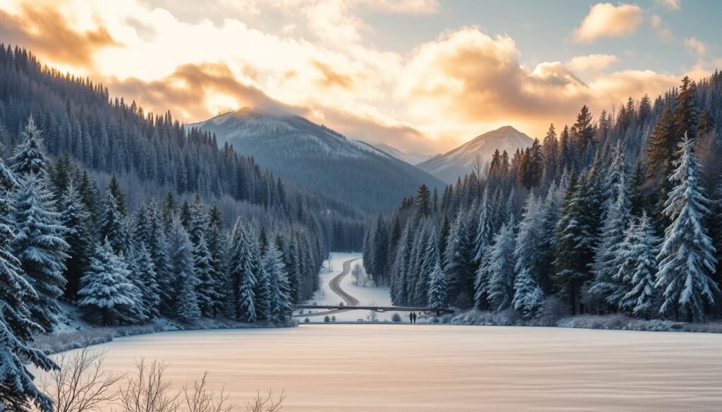 a stunning landscape of the Bavarian Forest national park in winter, with snow-covered trees and a serene, frozen lake in the foreground. In the middle ground, a winding path leads through the dense forest, with majestic mountains rising in the distance. The scene is illuminated by a warm, golden light filtering through the clouds, creating a cozy and inviting atmosphere. The image should convey the peaceful, magical essence of this winter wonderland, capturing the beauty and tranquility of the Bavarian Forest.