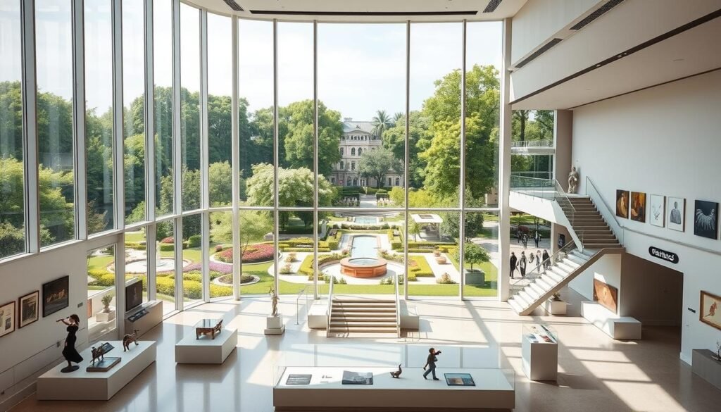 a stunning museum interior, with large floor-to-ceiling windows offering panoramic views of a lush, vibrant garden outside. The space is flooded with natural light, creating a serene and airy atmosphere. In the foreground, there is a clean, minimalist display featuring various artworks and artifacts, expertly curated. The middle ground showcases a grand staircase leading to an upper level, where visitors can explore additional exhibits. In the background, the garden is visible, with verdant trees, blooming flowers, and a tranquil water feature. The overall scene evokes a sense of wonder, inspiration, and a deep connection between the museum and its natural surroundings. a stunning museum interior, with large floor-to-ceiling windows offering panoramic views of a lush, vibrant garden outside. The space is flooded with natural light, creating a serene and airy atmosphere. In the foreground, there is a clean, minimalist display featuring various artworks and artifacts, expertly curated. The middle ground showcases a grand staircase leading to an upper level, where visitors can explore additional exhibits. In the background, the garden is visible, with verdant trees, blooming flowers, and a tranquil water feature. The overall scene evokes a sense of wonder, inspiration, and a deep connection between the museum and its natural surroundings.