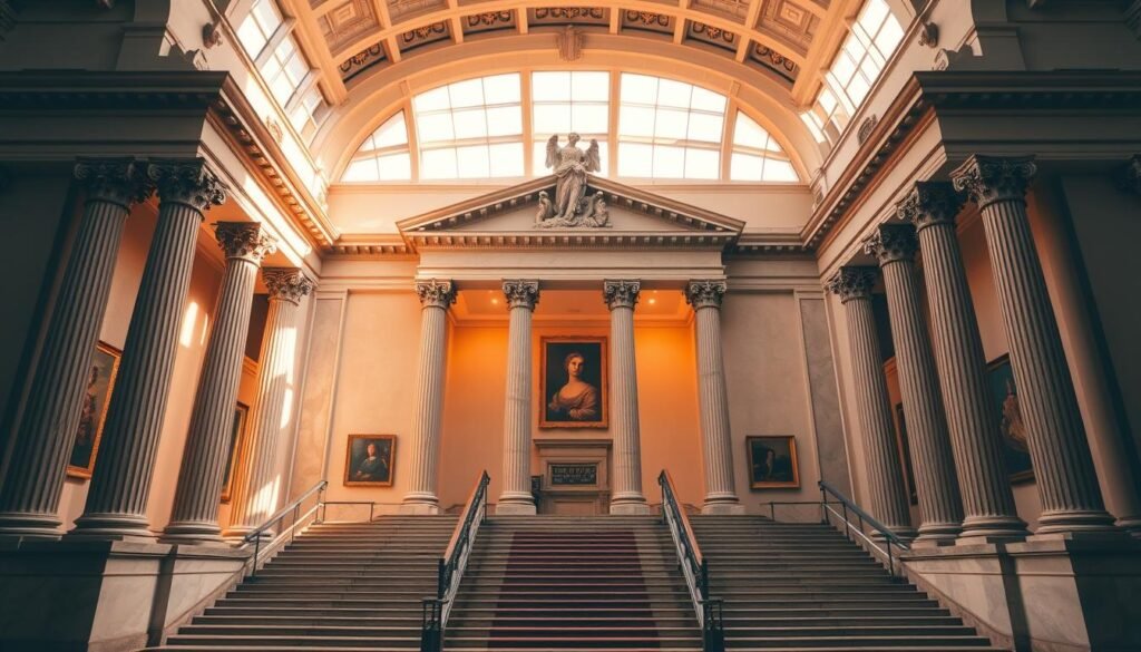national gallery ireland, a grand neo-classical building with a striking facade of columns and pediments, standing proudly in the heart of Dublin's cultural district. Capture the majestic entrance and the grand staircase leading to the main galleries, bathed in warm, natural lighting that filters through the large windows. Depict the elegant interiors, with their high ceilings and ornate decorations, showcasing the wealth of art and cultural treasures housed within. Convey a sense of timeless sophistication and intellectual curiosity that invites visitors to explore the museum's world-class collections and immerse themselves in the vibrant artistic heritage of Ireland. national gallery ireland, a grand neo-classical building with a striking facade of columns and pediments, standing proudly in the heart of Dublin's cultural district. Capture the majestic entrance and the grand staircase leading to the main galleries, bathed in warm, natural lighting that filters through the large windows. Depict the elegant interiors, with their high ceilings and ornate decorations, showcasing the wealth of art and cultural treasures housed within. Convey a sense of timeless sophistication and intellectual curiosity that invites visitors to explore the museum's world-class collections and immerse themselves in the vibrant artistic heritage of Ireland.
