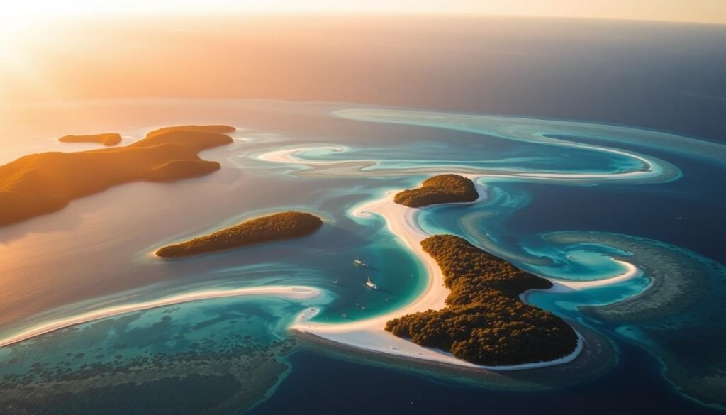 A breathtaking aerial view of the Whitsunday Islands, a stunning archipelago in the azure waters of the Coral Sea off the coast of Queensland, Australia. The 74 lush, tropical islands with their pristine white sand beaches and vibrant turquoise lagoons are framed by the dramatic Great Barrier Reef in the distance. The warm, golden sun casts a soft, dreamy glow over the scene, illuminating the stunning natural beauty of this iconic Australian destination. A serene, tranquil landscape that invites exploration and relaxation, capturing the essence of Australia's most beautiful coastal wonders. A breathtaking aerial view of the Whitsunday Islands, a stunning archipelago in the azure waters of the Coral Sea off the coast of Queensland, Australia. The 74 lush, tropical islands with their pristine white sand beaches and vibrant turquoise lagoons are framed by the dramatic Great Barrier Reef in the distance. The warm, golden sun casts a soft, dreamy glow over the scene, illuminating the stunning natural beauty of this iconic Australian destination. A serene, tranquil landscape that invites exploration and relaxation, capturing the essence of Australia's most beautiful coastal wonders.
