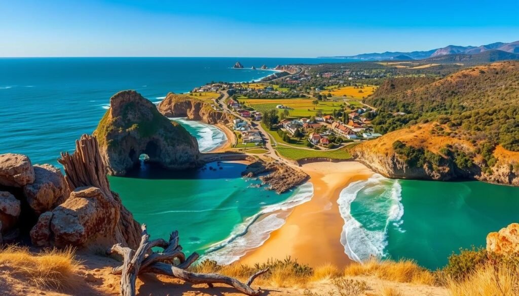A breathtaking coastal vista in South Australia, bathed in warm, golden sunlight. Rugged cliffs and rocky promontories jut out into the turquoise waters of the Southern Ocean, their weathered surfaces contrasting with the smooth, rolling waves. In the foreground, a picturesque beach with fine, golden sand stretches out, dotted with driftwood and sea-weathered rocks. The middle ground features a quaint seaside town, its colorful buildings and winding streets nestled amidst lush, verdant foliage. In the distance, the horizon is dominated by the silhouettes of rolling hills and mountains, their slopes covered in a patchwork of vineyards and orchards. The overall scene exudes a sense of tranquility and natural beauty, perfectly capturing the essence of South Australia's renowned coastal landscapes. A breathtaking coastal vista in South Australia, bathed in warm, golden sunlight. Rugged cliffs and rocky promontories jut out into the turquoise waters of the Southern Ocean, their weathered surfaces contrasting with the smooth, rolling waves. In the foreground, a picturesque beach with fine, golden sand stretches out, dotted with driftwood and sea-weathered rocks. The middle ground features a quaint seaside town, its colorful buildings and winding streets nestled amidst lush, verdant foliage. In the distance, the horizon is dominated by the silhouettes of rolling hills and mountains, their slopes covered in a patchwork of vineyards and orchards. The overall scene exudes a sense of tranquility and natural beauty, perfectly capturing the essence of South Australia's renowned coastal landscapes.