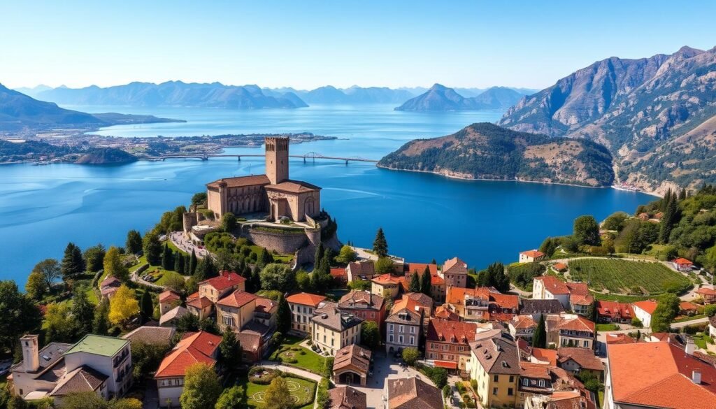 A breathtaking landscape of Lake Garda, nestled amidst the rolling hills and towering mountains of northern Italy. In the foreground, a picturesque town with colorful buildings and cobblestone streets, surrounded by lush gardens and the tranquil waters of the lake. In the middle ground, a majestic castle stands tall, its ancient walls and turrets reflecting in the crystal-clear surface. The background is dominated by a panoramic view of the lake, with its azure blue hues and the distant peaks of the Alps, bathed in the warm glow of the Mediterranean sun. The scene exudes a sense of timeless beauty, inviting the viewer to explore the rich history and natural wonders of this captivating region.