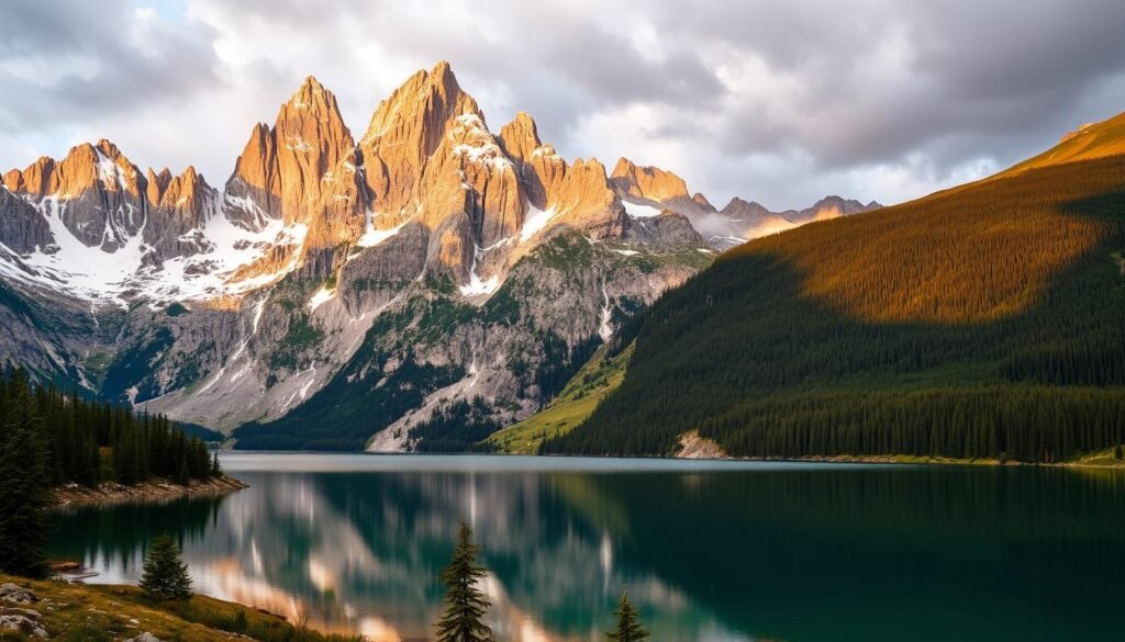 A breathtaking landscape of the Dolomites, the iconic Italian mountain range. In the foreground, rugged, snow-capped peaks rise majestically, their jagged edges illuminated by warm, golden light. A crystal-clear alpine lake reflects the towering mountains, its serene waters a mirror of the dramatic scenery. In the background, rolling hills covered in lush, verdant forests fade into the distance, creating a sense of depth and scale. The scene is bathed in a soft, diffused light, casting long shadows and creating a moody, atmospheric ambiance. Captured through a wide-angle lens, this panoramic view showcases the Dolomites' remarkable natural beauty, inviting the viewer to embark on a scenic hike through this stunning Alpine wonderland.