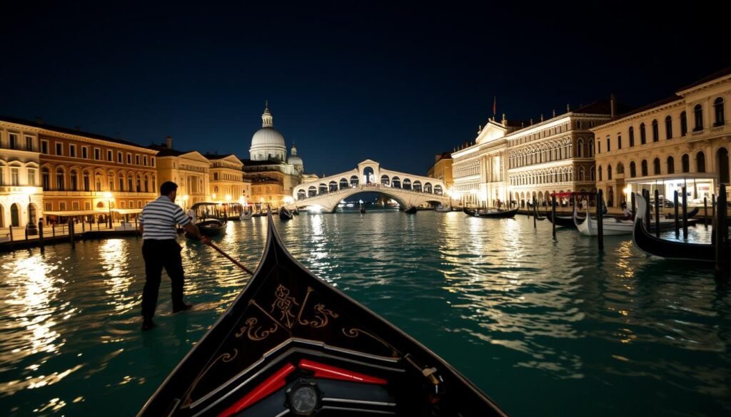A breathtaking night view of Venice's iconic Grand Canal, the majestic palaces and churches lining its banks illuminated by the soft glow of streetlights and reflected in the tranquil waters. In the foreground, a classic Venetian gondola glides effortlessly, its ornate design and the elegant posture of the gondolier adding to the timeless ambiance. The middle ground features the iconic Rialto Bridge, its arched structure silhouetted against the night sky. In the background, the distant lights of St. Mark's Square and the Basilica create a captivating skyline, evoking the timeless beauty and romantic atmosphere of this legendary Italian city.
