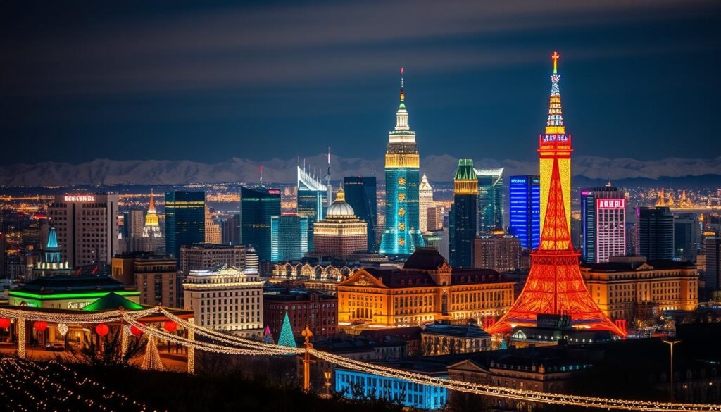 A bustling city skyline at night, illuminated by a dazzling display of holiday lights from around the world. In the foreground, a mixture of traditional and modern lighting decorations - twinkling strings of lights, glowing lanterns, and towering Christmas trees. The middle ground features a mix of architectural styles, from historic landmarks to contemporary high-rises, all aglow with vibrant hues of red, green, blue, and gold. In the distance, a softly blurred background of snow-capped mountains or a calm, reflective body of water, creating a sense of depth and tranquility. The scene is captured with a wide-angle lens, conveying a grand, cinematic feel, and bathed in a warm, cozy atmosphere that evokes the joy and wonder of the holiday season.
