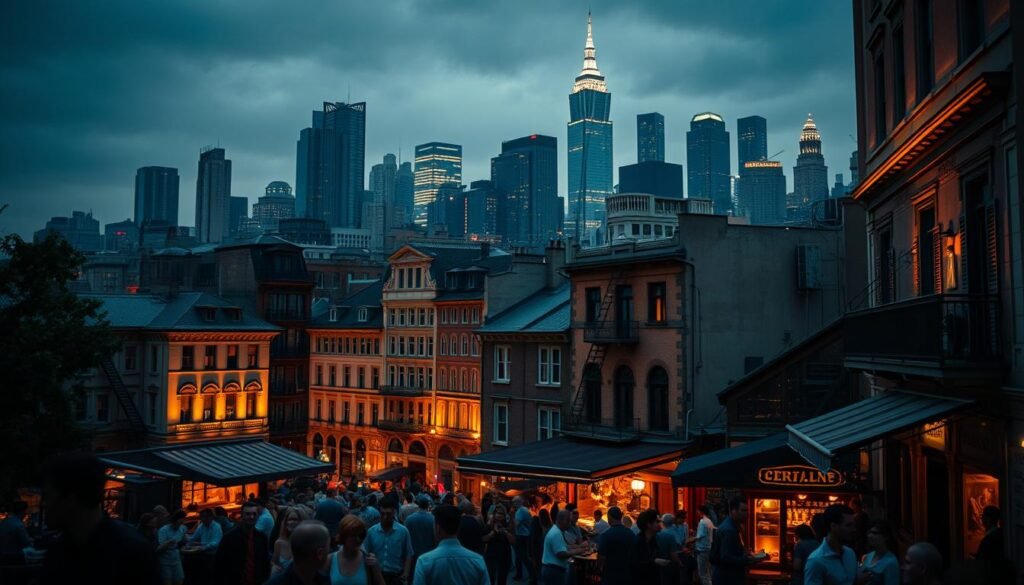 A bustling cityscape with a vibrant, energetic atmosphere. In the foreground, lively street scenes with people strolling, dining al fresco, and listening to live music spilling out from cozy cafes and bars. The middle ground features a mix of historic buildings, their facades illuminated by warm, golden lighting, complementing the overall moody, atmospheric ambiance. In the background, a skyline of towering, modern skyscrapers stands tall, creating a striking contrast with the well-preserved historic architecture. The scene is bathed in a soft, cinematic glow, evoking a sense of timeless charm and urban sophistication. A bustling cityscape with a vibrant, energetic atmosphere. In the foreground, lively street scenes with people strolling, dining al fresco, and listening to live music spilling out from cozy cafes and bars. The middle ground features a mix of historic buildings, their facades illuminated by warm, golden lighting, complementing the overall moody, atmospheric ambiance. In the background, a skyline of towering, modern skyscrapers stands tall, creating a striking contrast with the well-preserved historic architecture. The scene is bathed in a soft, cinematic glow, evoking a sense of timeless charm and urban sophistication.
