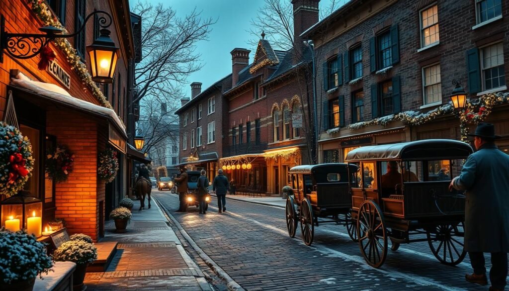 A charming colonial-era town, adorned with twinkling holiday lights that cast a warm, nostalgic glow. Elegant candle-lit lanterns illuminate the snow-dusted cobblestone streets, where horse-drawn carriages clip-clop past historic brick and stone buildings. In the foreground, a cozy cafe with a crackling fireplace beckons weary travelers, while carolers in traditional garb harmonize festive tunes. The crisp winter air is filled with the scent of mulled wine and freshly baked gingerbread. A wide-angle lens captures the captivating blend of old-world charm and holiday cheer, inviting viewers to step into a truly magical, timeless scene.