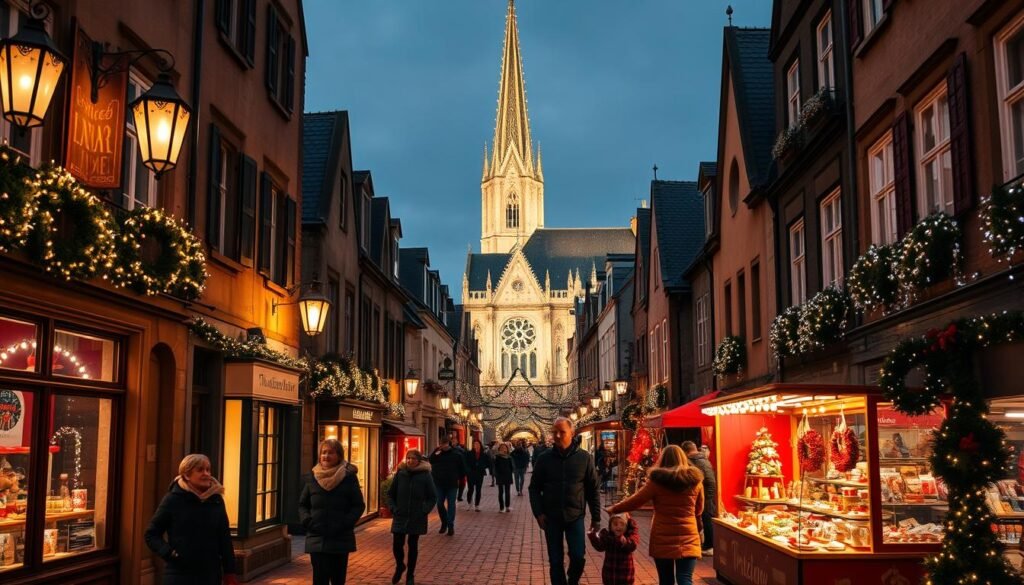 A cozy evening in a charming European town, the cobblestone streets aglow with twinkling storybook lights. Glowing lanterns and fairy lights adorn the quaint storefronts, casting a warm, magical ambiance. In the distance, a grand cathedral stands tall, its steeple illuminated against the darkening sky. Families stroll leisurely, bundled in winter coats, admiring the enchanting holiday displays in shop windows. A lively Christmas market fills the town square, bustling with vendors selling handcrafted wares and steaming cups of mulled wine. The scene is a picture-perfect representation of the holiday season, radiating the charm and festive spirit of a classic winter wonderland.