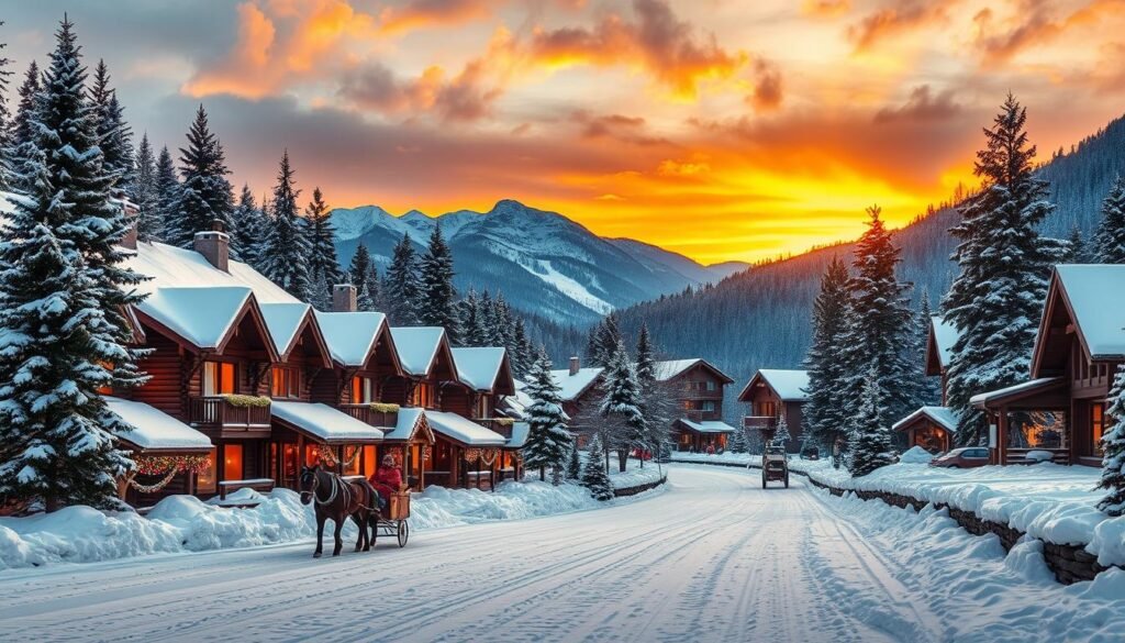 A cozy mountain town blanketed in a soft layer of fresh snow, with quaint log cabins and picturesque chalets nestled between towering evergreen trees. The warm glow of twinkling lights emanates from the windows, casting a magical, festive atmosphere. In the foreground, a horse-drawn sleigh glides effortlessly along a snow-covered lane, while in the distance, a majestic mountain range stands tall, its peaks kissed by a gentle dusting of white. The scene is illuminated by a brilliant, golden sunset, painting the sky in a breathtaking array of colors. The air is crisp and invigorating, inviting visitors to explore the town's charming shops, sip hot cocoa by a crackling fireplace, and embrace the peak holiday spirit.