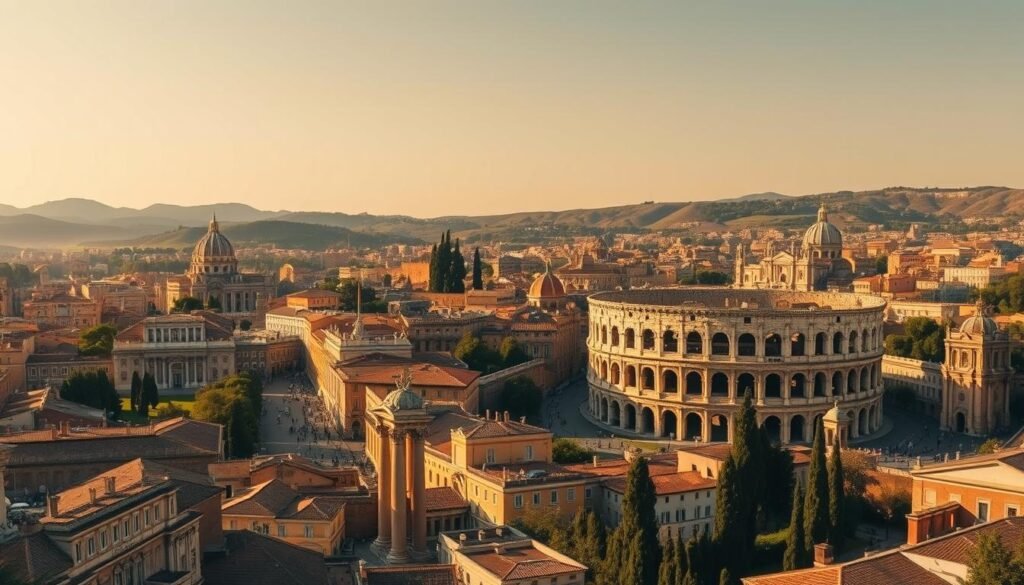 A historic cityscape of Rome, captured in a stunning cinematic panorama. In the foreground, the iconic Colosseum stands tall, its ancient stones illuminated by warm, golden sunlight. In the middle ground, the winding streets of the Eternal City are lined with timeless Roman architecture, from ornate Renaissance palaces to the grand façade of St. Peter's Basilica. The background is dominated by the rolling hills of the surrounding landscape, dotted with cypress trees and ancient ruins that whisper of Rome's storied past. The scene exudes a sense of timeless grandeur, inviting the viewer to step back in time and immerse themselves in the rich history and cultural significance of this legendary metropolis.