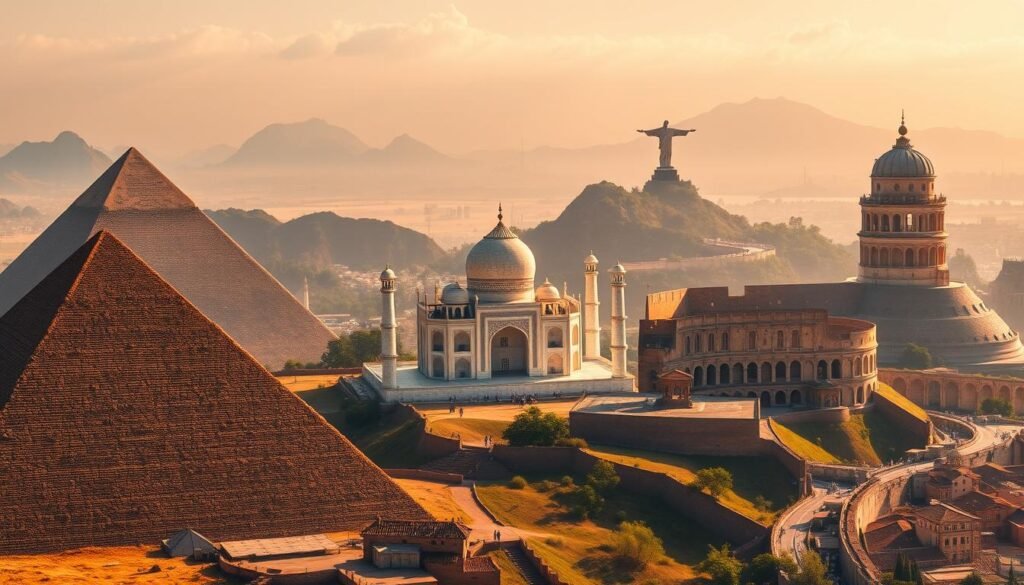 A majestic panorama of the world's most iconic landmarks, captured in stunning clarity. In the foreground, the towering Pyramids of Giza stand proud against a vibrant desert backdrop. In the middle ground, the serene waters of the Taj Mahal reflect its elegant marble domes, while the Great Wall of China winds its way through rugged mountain terrain. Further back, the Christ the Redeemer statue overlooks the bustling city of Rio de Janeiro, and the Colosseum stands as a timeless testament to the grandeur of ancient Rome. The lighting is warm and golden, creating a sense of timeless wonder and awe. Captured with a wide-angle lens, this image invites the viewer to explore the diverse beauty and cultural richness of the world's most captivating wonders.