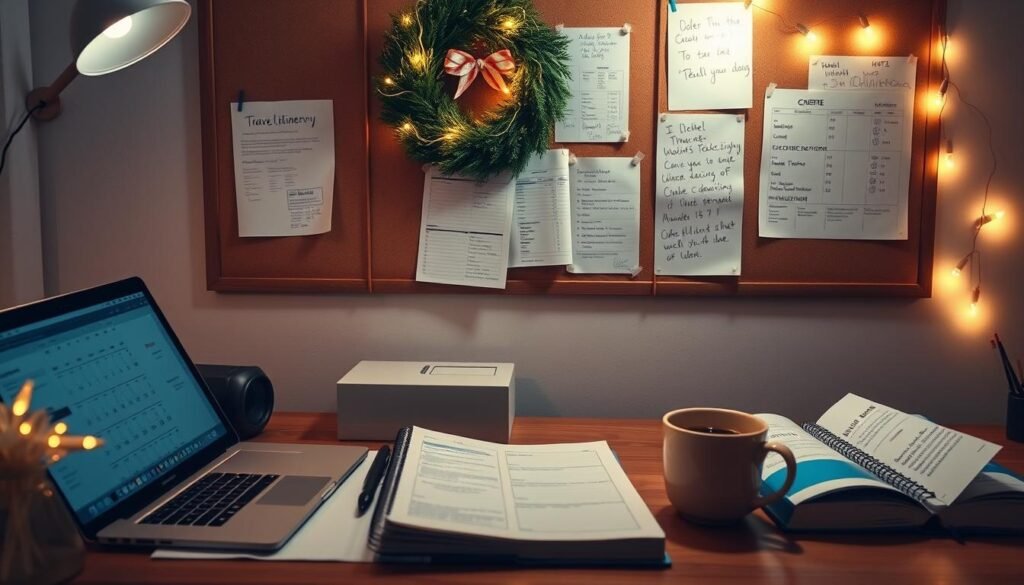 A neatly organized desk with a laptop, a calendar, a travel guidebook, and a cup of coffee. Overhead lighting casts a warm glow, highlighting the planning materials. In the background, a bulletin board displays airline tickets, hotel confirmations, and scribbled travel itinerary notes. A festive wreath and a string of twinkling lights add a touch of holiday cheer. The scene conveys a sense of efficient, meticulous vacation planning, with a cozy, productive atmosphere.