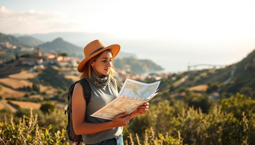 A picturesque Italian landscape unfolds, with rolling hills, quaint villages, and a stunning coastal vista in the distance. In the foreground, a traveler stands, contemplating a map and guidebook, carefully considering their next destination. The warm, golden light bathes the scene, casting a serene and inviting atmosphere. The traveler's expression reflects a sense of wonder and anticipation, as they balance the pull of iconic cities, the allure of coastal beauty, the majesty of the mountains, the tantalizing aromas of regional cuisine, and the rich cultural tapestry that defines the Italian experience. A medium-wide angle lens captures this tranquil moment, inviting the viewer to step into the shoes of the thoughtful explorer.