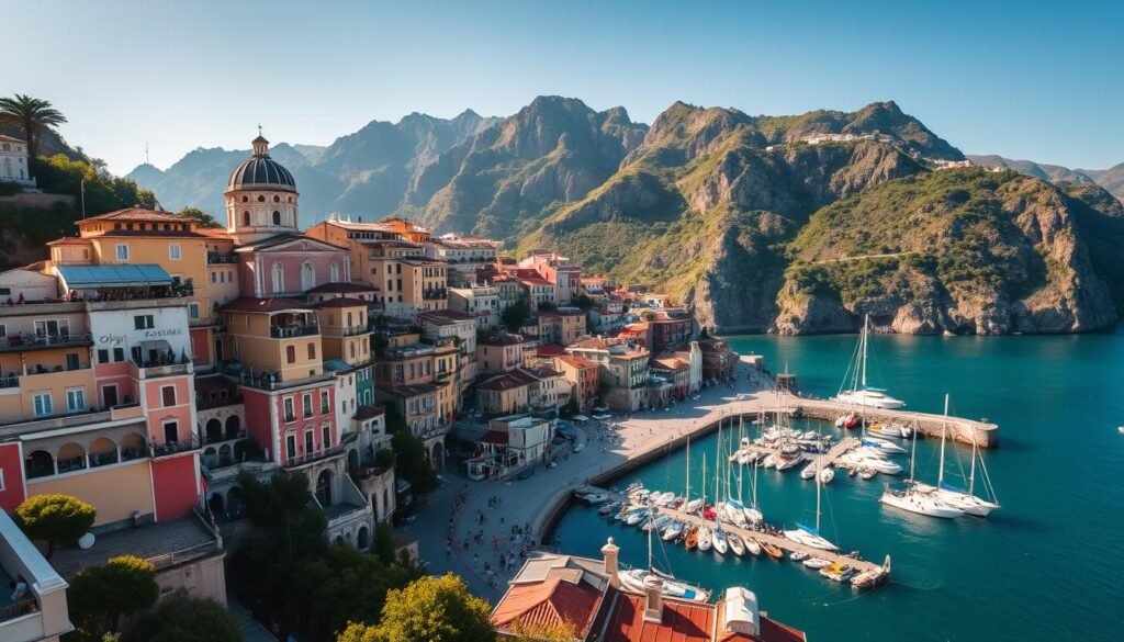 A picturesque coastal town nestled along the rugged Amalfi cliffs, with colorful houses cascading down towards the sparkling turquoise waters of the Tyrrhenian Sea. Capture the essence of the Mediterranean, with the warm afternoon sun casting long shadows over the charming alleyways and bustling piazzas. Include the iconic domed cathedral and the lively marina, where fishing boats and yachts sway gently in the breeze. Render the scene with a wide-angle lens to showcase the dramatic landscape, with the dramatic mountains rising up in the background. Convey the relaxed, laid-back atmosphere that captivates visitors to this enchanting slice of Italian paradise.