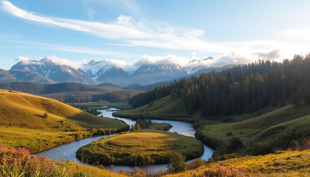 A picturesque landscape of New South Wales, showcasing its natural beauty beyond the bustling city of Sydney. In the foreground, a winding river cuts through lush, rolling hills dotted with vibrant wildflowers. In the middle ground, rugged, snow-capped mountains rise majestically, their peaks shrouded in wispy clouds. The background features a tranquil forest, its canopy of towering eucalyptus trees casting a warm, golden glow across the scene. The lighting is soft and diffused, creating a serene, almost dreamlike atmosphere. Capture this awe-inspiring panorama through a wide-angle lens, framing the scene to highlight the harmonious blend of New South Wales' iconic natural elements. A picturesque landscape of New South Wales, showcasing its natural beauty beyond the bustling city of Sydney. In the foreground, a winding river cuts through lush, rolling hills dotted with vibrant wildflowers. In the middle ground, rugged, snow-capped mountains rise majestically, their peaks shrouded in wispy clouds. The background features a tranquil forest, its canopy of towering eucalyptus trees casting a warm, golden glow across the scene. The lighting is soft and diffused, creating a serene, almost dreamlike atmosphere. Capture this awe-inspiring panorama through a wide-angle lens, framing the scene to highlight the harmonious blend of New South Wales' iconic natural elements.